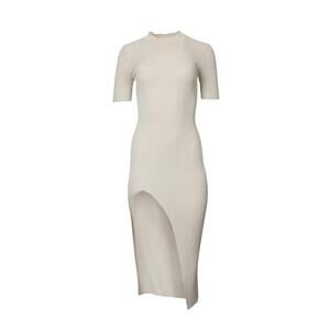 NEW SWEATERLAND ribbed midi dress with front slit in almond